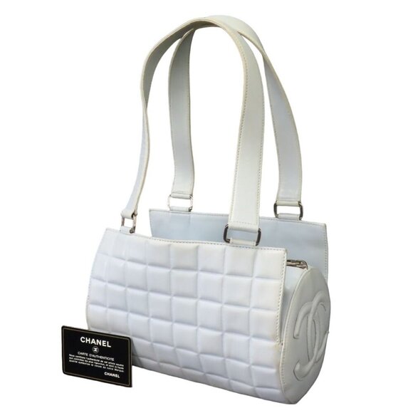 Authentic CHANEL CC Chocolate Bar Quilted Leather Bowler Shoulder Bag Purse Blue - Picture 4 of 15